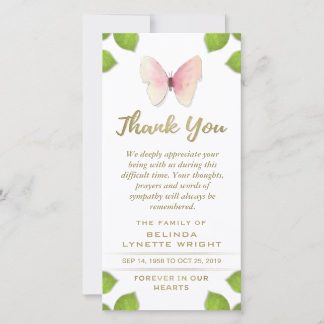 Borboleta rosa Obrigado pelo Cartão de condolência (Frente)