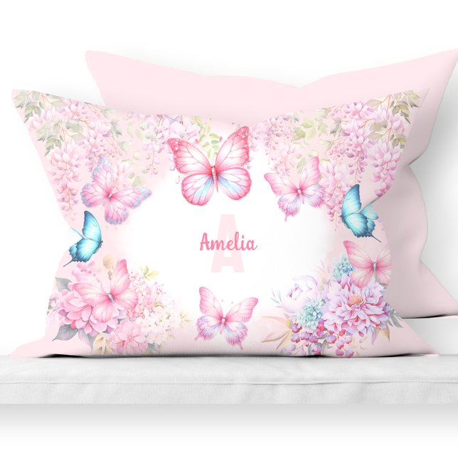 Borboleta Rosa Púrpura Pastel Nome Floral Rapariga (Butterfly Pink Purple Pastel Floral Name Girl Pillow Case)