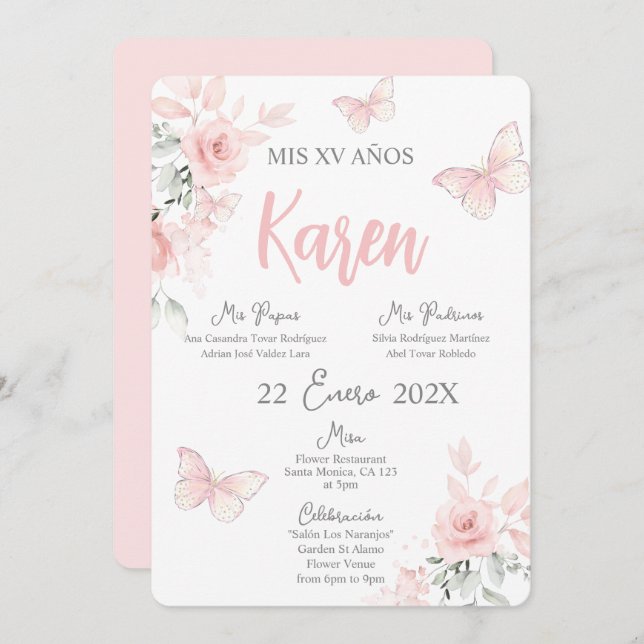 Borboleta Rosa Quinceañera Convite Espanhol (Frente/Verso)