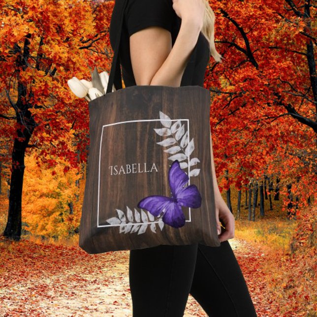 Borboleta Roxa de Tote Personalizada (Rustic Purple Butterfly Personalized Tote Bag)