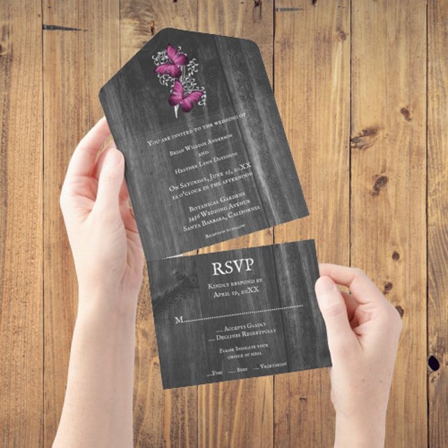 Borboleta russa magenta - Tudo em um Convite de ca (Magenta Rustic Butterfly All In One Wedding Invite)