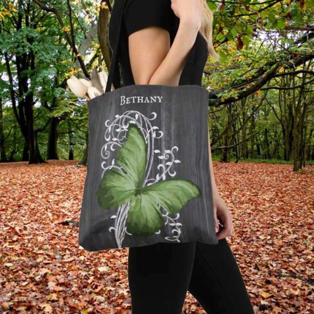 Borboleta Russa Verde Personalizada Tote Bag (Green Rustic Butterfly Personalized Tote Bag)