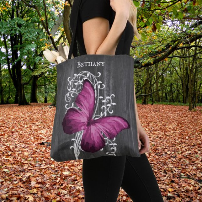 Borboleta Rústica Magenta Personalizada Tote Bag (Magenta Rustic Butterfly Personalized Tote Bag)