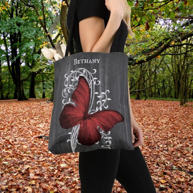 Borboleta Rústica Vermelha Personalizada Tote Bag (Red Rustic Butterfly Personalized Tote Bag)