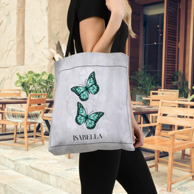 Borboleta Teal Floral Personalizada Tote Bag (Teal Butterfly Floral Personalized Tote Bag)