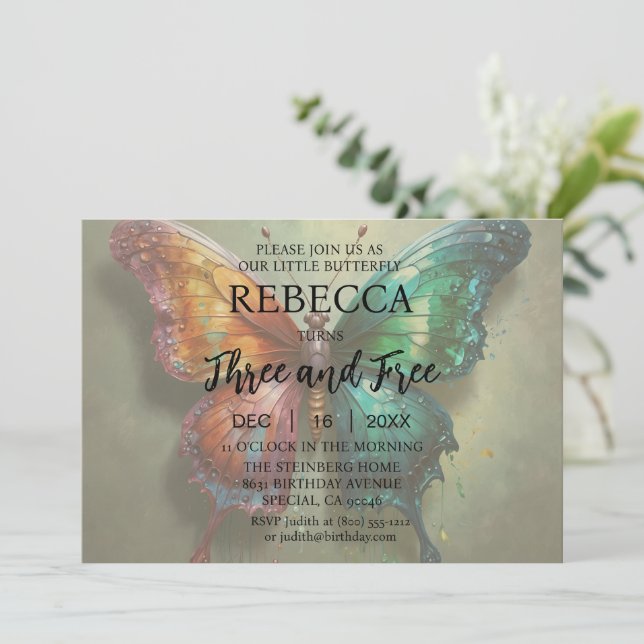 Borboleta Três e Convites de Aniversário Gratuitos (Em pé/Frente)