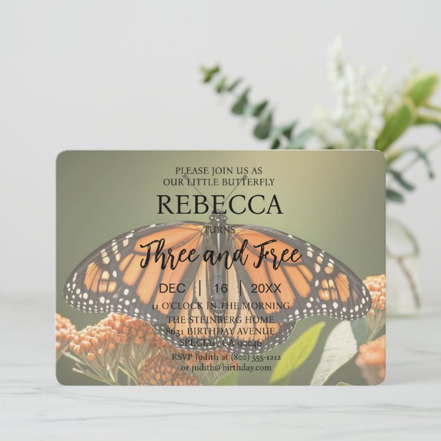 Borboleta Três e Convites de Aniversário Gratuitos (Em pé/Frente)