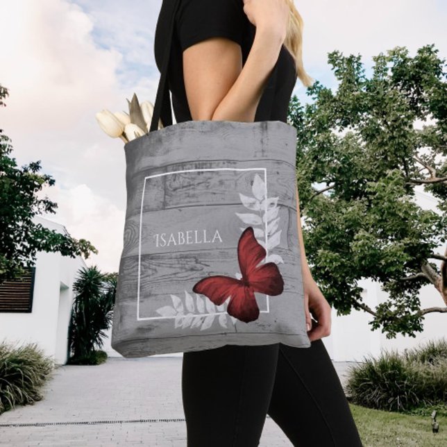 Borboleta Vermelha Rustic Personalizada Tote Bag (Red Butterfly Rustic Personalized Tote Bag)