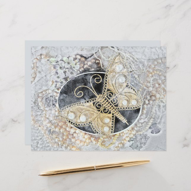 Borboleta Vintage Arte Dourada Branca Romântica (Frente/Verso In Situ)