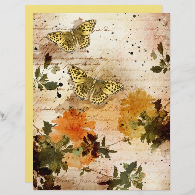 Borboletas Amarelas Vintage Papelão Floral (Frente/Verso)