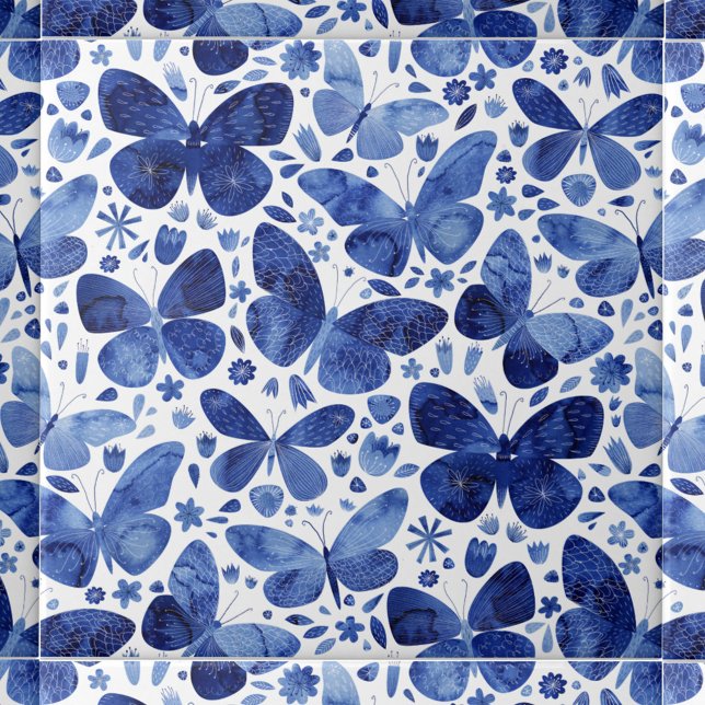 Borboletas Aquarela Azul (Indigo blue and white watercolor butterfly pattern art ceramic tile)