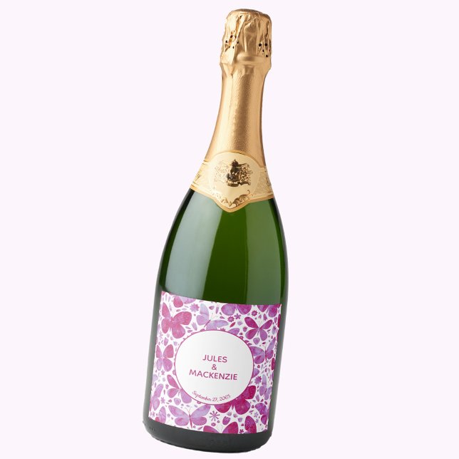 Borboletas Aquarela Magenta Cor Rosa Moderna (Butterfly watercolor modern wedding personalized sparkling wine bottle label)