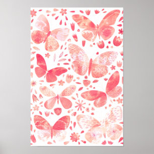 Borboletas Aquarela Poster cor Coral Rosa