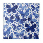 Borboletas Aquarelas Azulejo Azul Cerâmica<br><div class="desc">Pintura de borboletas de cor azul-indigo e branca.</div>