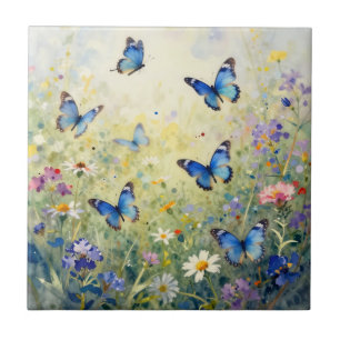 Borboletas Azuis Aquarela Prado de Flores Silvestr