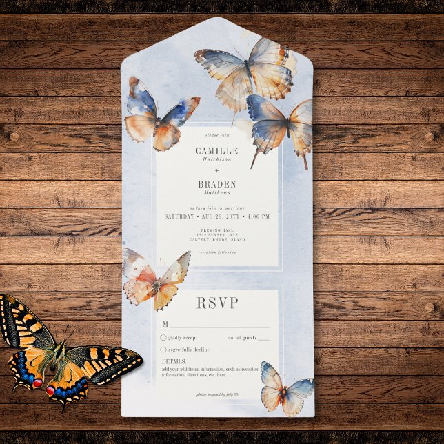 Borboletas azuis e ferrugem mínimas modernas sem J (Modern Minimal Blue & Rust Butterflies No Dinner All In One Invitation)