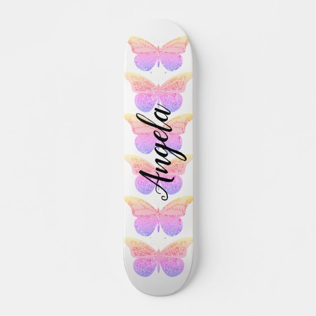 Borboletas Brilho Rosa Roxo Personalizadas Skate (Frente)