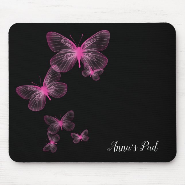 Borboletas Cor-de-Rosa Em Mouse Pad Preto (Frente)