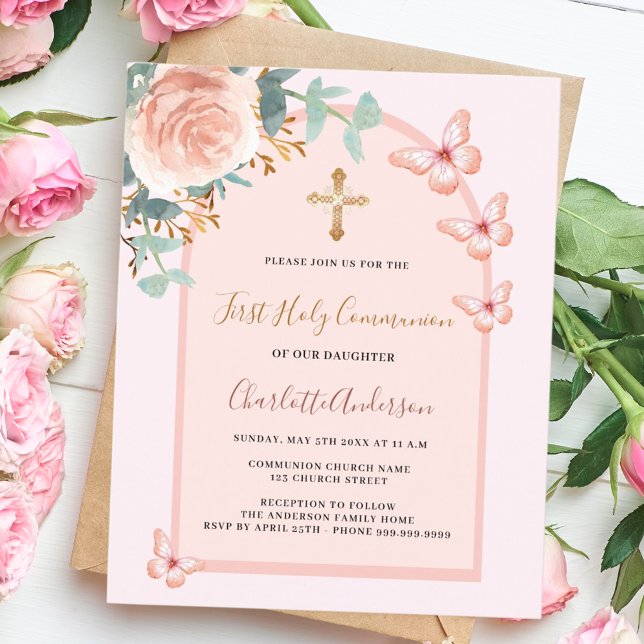 Borboletas de ouro rosa floral Primeira Comunhão (Criador carregado)