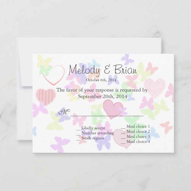Borboletas doces e corações cor-de-rosa RSVP (Frente)