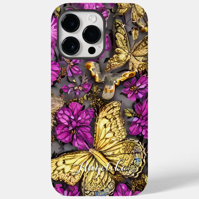 Borboletas Douradas Rosa e Roxo Nome Personalizado (Verso)