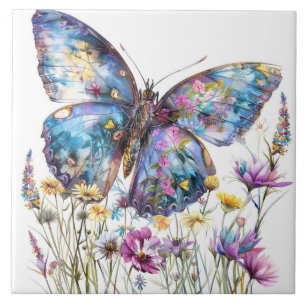 Borboletas e flores silvestres Azulejo cerâmico
