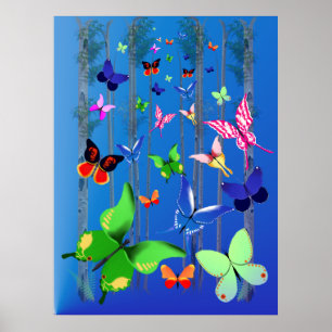 Borboletas e poster brilhantes da floresta