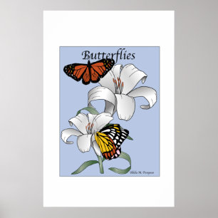 Borboletas e poster das flores