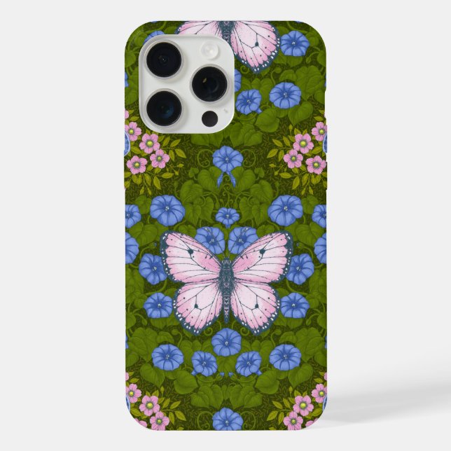 Borboletas e simetria de flores, azul e rosa (Verso)