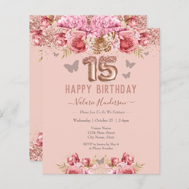 Borboletas Florais Feliz 15 de Aniversário (Frente/Verso)