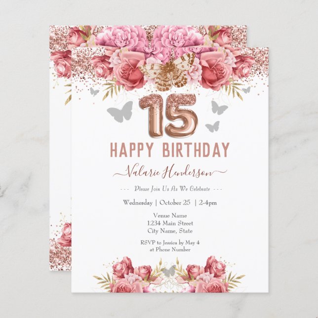 Borboletas Florais Feliz 15 de Aniversário (Frente/Verso)
