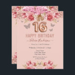 Borboletas Floral Rosa Feliz 16º Aniversário<br><div class="desc">Rapariga reluzente,  fundo cor-de-rosa milenar,  com tipografia de nome de script de rico. Texto do balão rosa dourado 16. Rosas rosa e borboletas na borda superior. Excelente para 16 celebrações.</div>