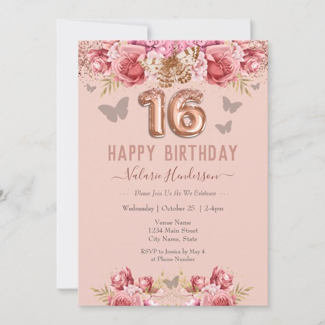 Borboletas Floral Rosa Feliz 16º Aniversário (Frente)