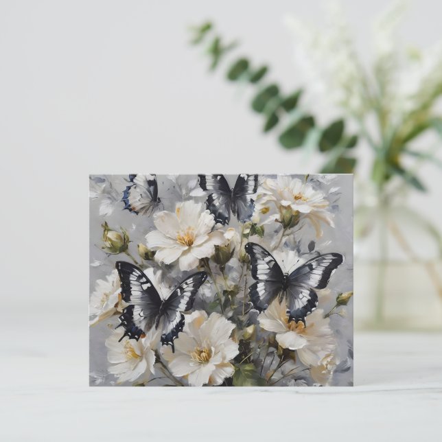 Borboletas Pretas E Brancas Em Flores Brancas, (Em pé/Frente)