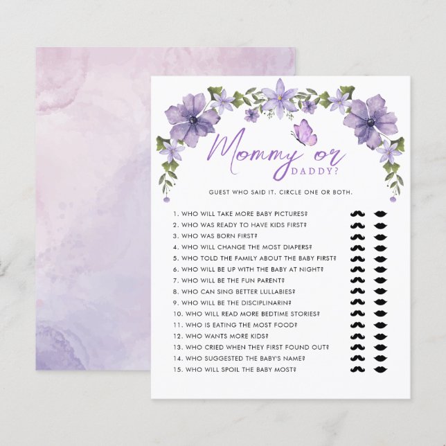 Borboletas roxas Mamãe de aquarela ou jogo de Pai (Frente/Verso)