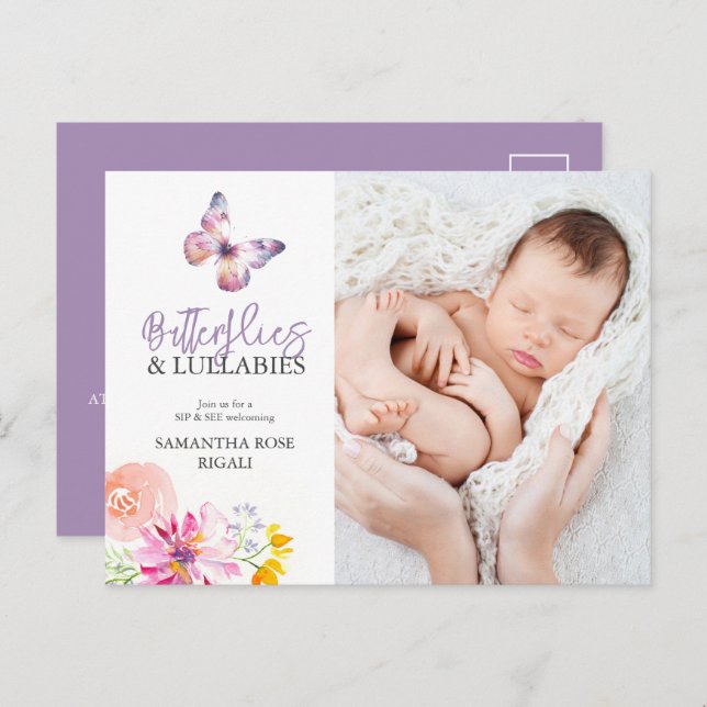 Borboletas Sip e veja convites para Chás de fralda (Frente/Verso)
