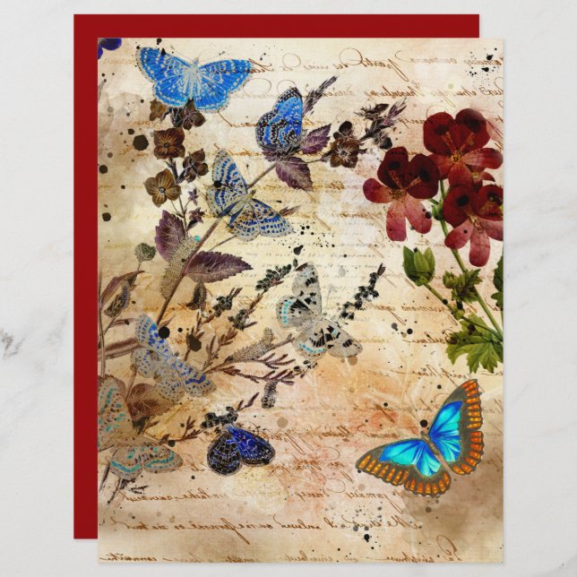 Borboletas Vintage Collage Papel Scrapbook (Frente/Verso)