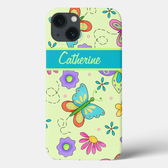 Borboletas Whimsy com nome personalizado verde (Verso)