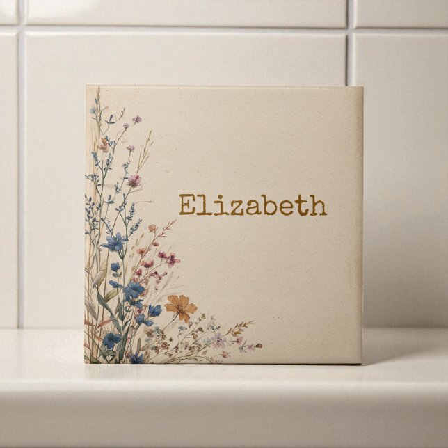 Borda Bege Rústico Boho Flor Silvestre  (Beige Border Rustic Boho Wildflower Ceramic Tile)