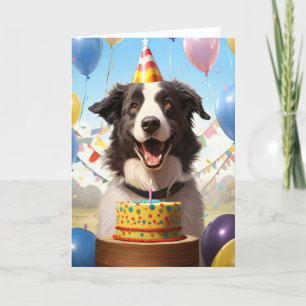 Borda Collie com Cartão de Aniversário de Bolo de 