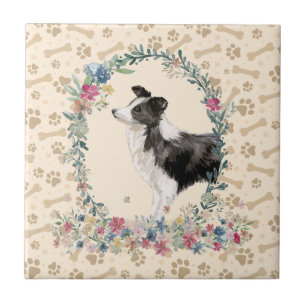 Borda Collie Dog Paw Imprima Beige Floral