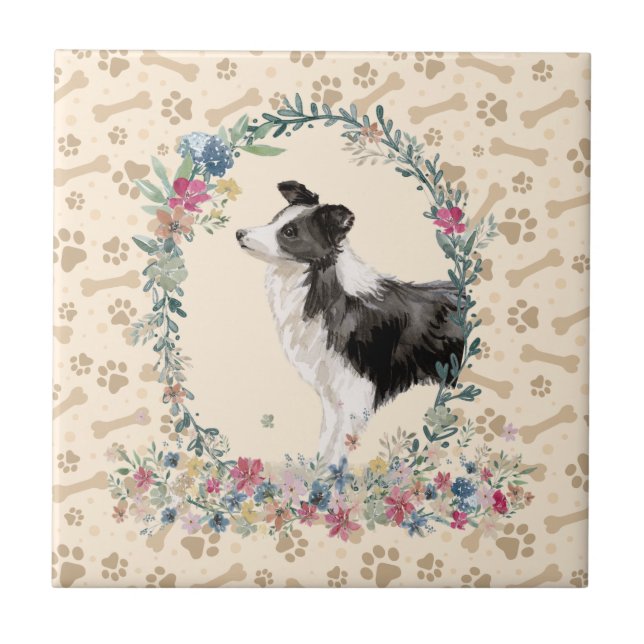 Borda Collie Dog Paw Imprima Beige Floral (Frente)