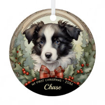 Borda Collie Puppy Primeiro Ornamento de Natal