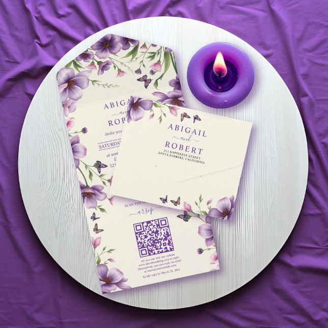 Borda de flores roxas e casamento do código QR da  (Criador carregado)