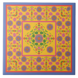 Borda Padrão Floral Rangoli, Azulejo Amarelo Cerâm