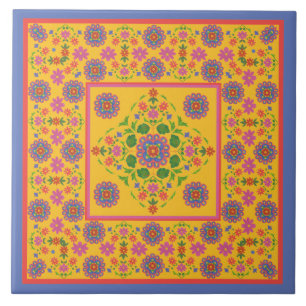 Borda Padrão Floral Rangoli, Azulejo Amarelo Cerâm