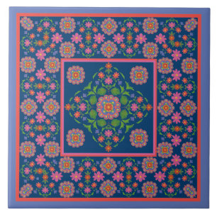 Borda Padrão Floral Rangoli, Azulejo Cerâmico Azul