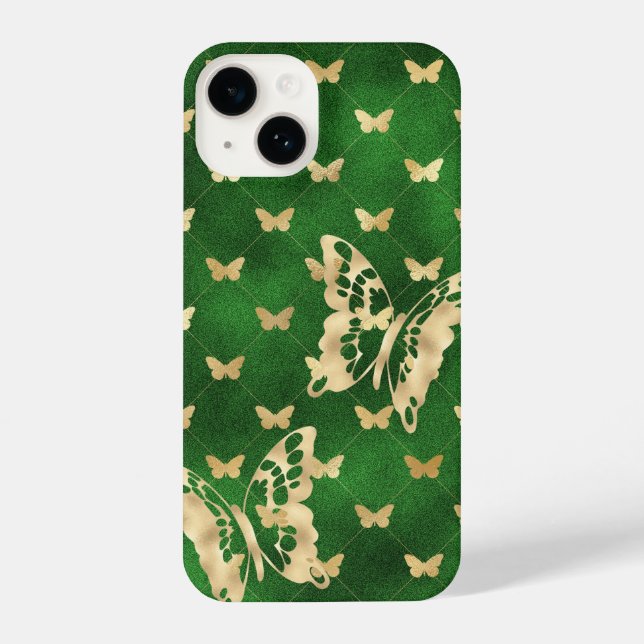Bordas do Ouro Velvet Verde iPhone 14 Capas (Verso)