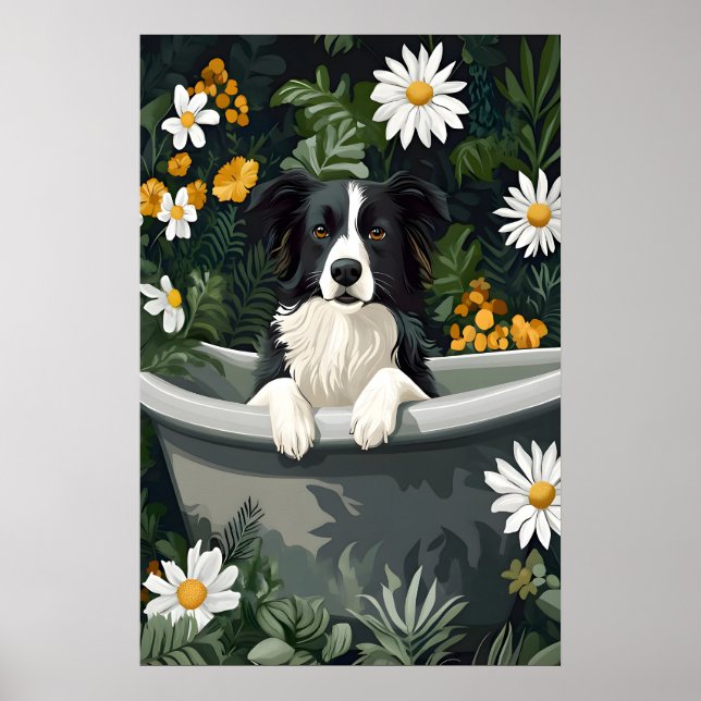 Border Collie In Bathtub Poster, Funny Dog Poster (Frente)