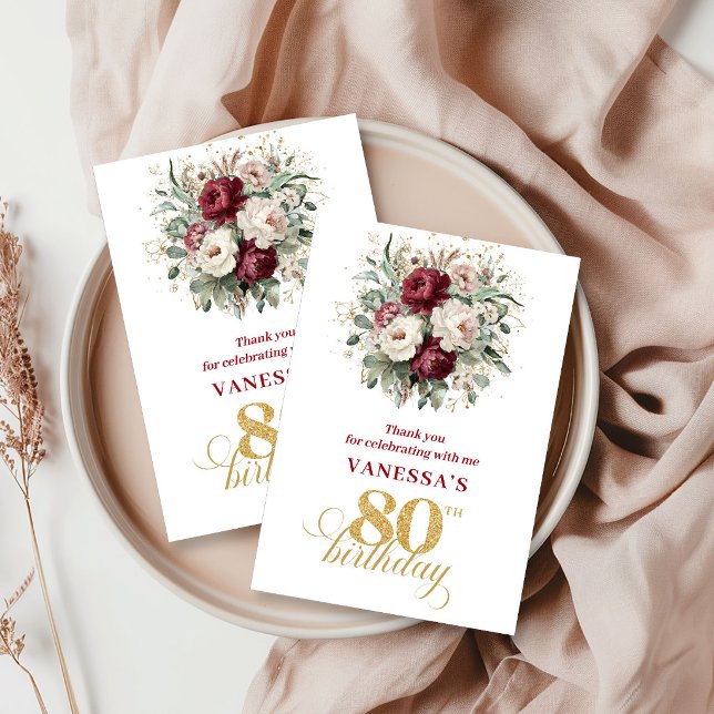 Bordô Rosado Clássico Agradecimento de 80º Anivers (Classic Blush Burgundy 80th Birthday Thank You Card)
